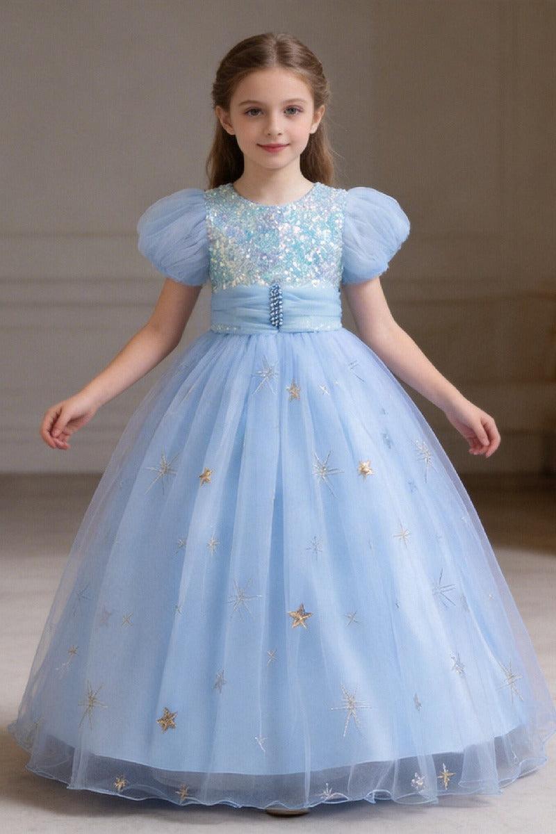 A-Line Puff Sequin Bodice Tulle Floor Length Flower Girl Dresses 1030166757902 - 7 Days / Blue / 110cm - COCOMELODY
